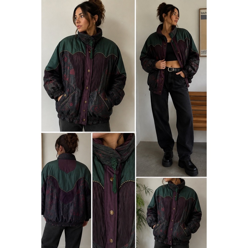 Innovations by Izzi Bomber Jacket Womens M Green Plum Vintage Paisley Excellent